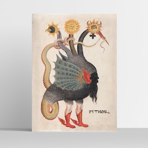Może przedstawiać: Wizerunek z epoki wiktoriańskiej przedstawiający mityczne stworzenie z trzema głowami, ogonem pawia i ludzkim ciałem. Stworzenie jest przedstawione w ciemnoszarym kolorze z czerwonymi i żółtymi akcentami. Ilustracja nosi tytuł "PYTHON."