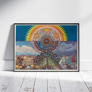 May include: A vintage poster with a colorful illustration of a celestial map. The map features a sun with rays, a circle with stars and planets, and a landscape with figures. The text "D'771" is visible in the center of the map.