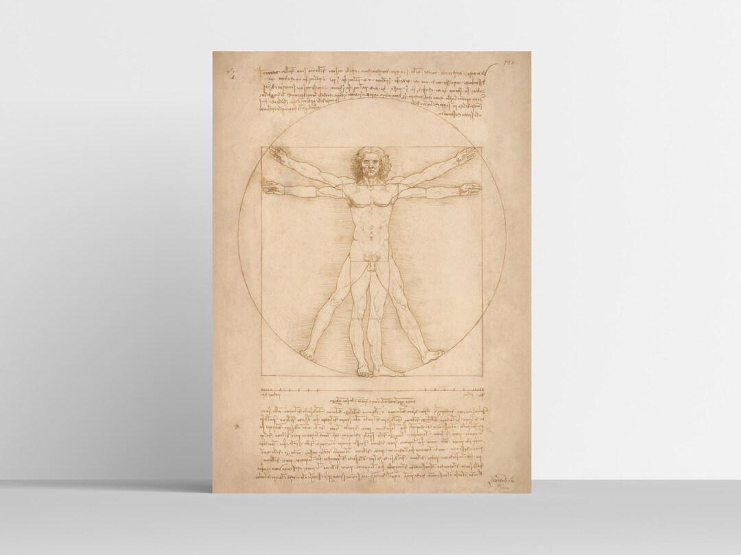 Quadro Stampa D'arte 1art1 - Uomo Vitruviano Di Leonardo Da Vinci, Con Cornice In MDF Nera, 50x40 Cm