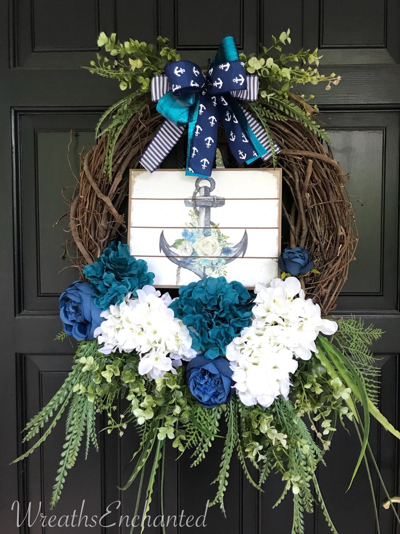 Nautical Wreath Anchor Wreath Beach Wreath Beach House Lake House Summer Wreath Blue White Wreath Beach Grass Front Door Wreath Free Ship