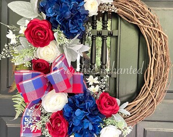 Patriotic Wreath Americana Front Door Red White Blue Wreath Summer Wreath Memorial Day Independence Fourth of July Wreath Free Ship