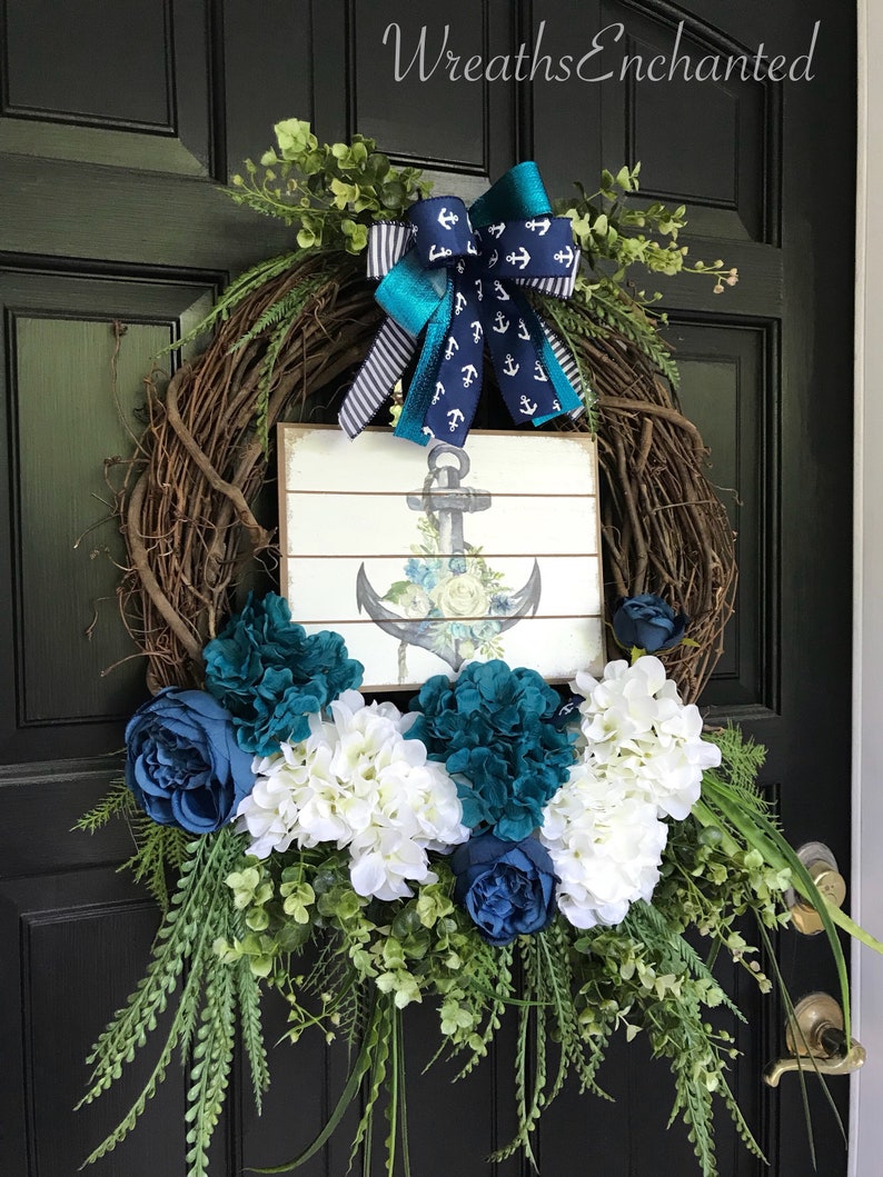 Nautical Wreath Anchor Wreath Beach Wreath Beach House Lake House Summer Wreath Blue White Wreath Beach Grass Front Door Wreath Free Ship