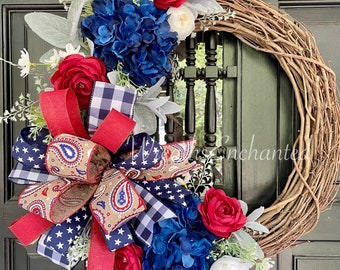 Patriotic Wreath Americana Front Door Red White Blue Wreath Summer Wreath Memorial Day Independence Fourth of July Wreath Free Ship