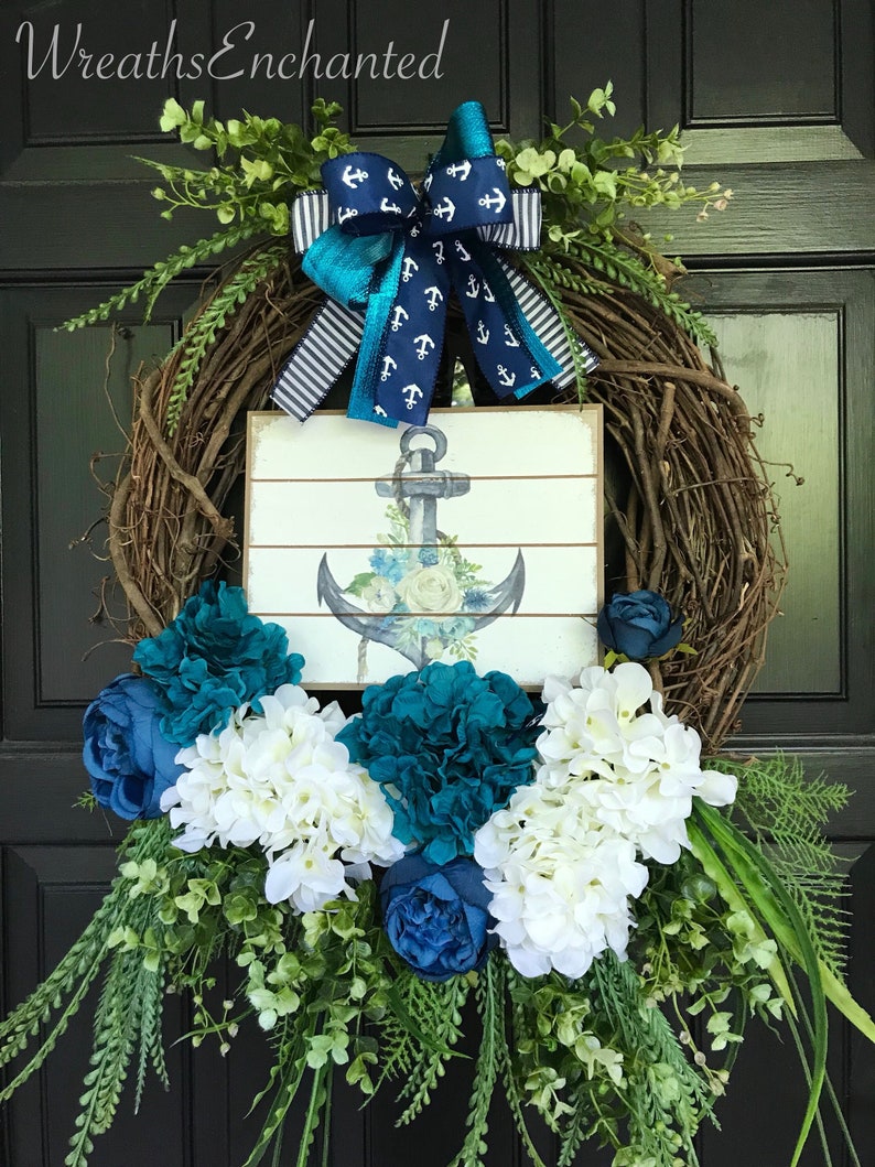 Nautical Wreath Anchor Wreath Beach Wreath Beach House Lake House Summer Wreath Blue White Wreath Beach Grass Front Door Wreath Free Ship
