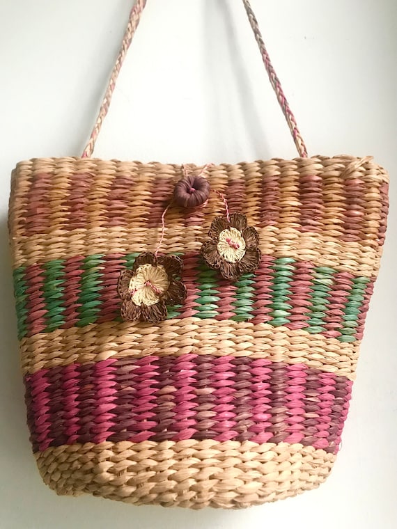 vtg. Rainbow Straw Handbag Purse Favorite Summer … - image 1