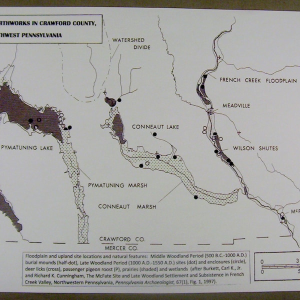 Prehistoric Native American Earthworks Map, Crawford County, NW Pennsylvania, Reprint 11" x 17" Archaeology, Mounds, Environment, Prairies