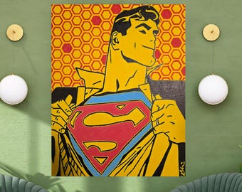 Peinture acrylique Superman peinte à la main – Décoration murale originale de bande dessinée