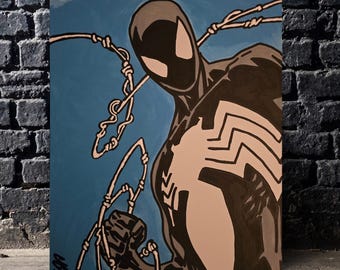 Peinture acrylique Spider-Man costume noir peinte à la main – Art symbiote Venom Marvel Comics, décoration murale super-héros