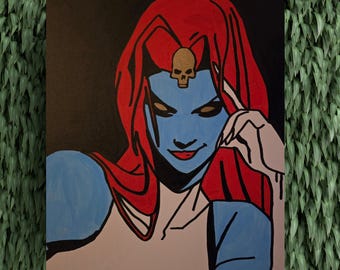 Hand-Painted Mystique Fan Art, Blue Mutant Comic Decor, Fantasy Portrait Canvas