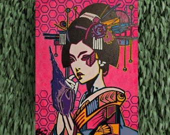 Toile d'art Psylocke Geisha peinte à la main, super-héros Marvel