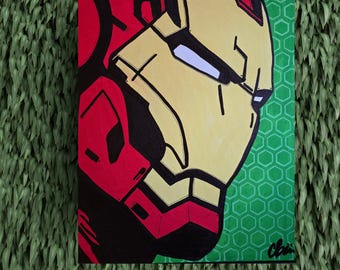 Hand-Painted Iron Man Mask Pop Art Canvas, Comic Fan Wall Art