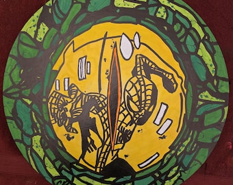 Original Round Wood Panel Painting, Spider-Man Lizard Eye Fan Art