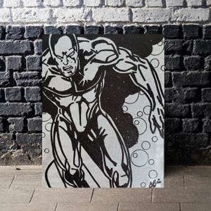 Hand-Painted Silver Surfer Canvas Art: Comic Book Decor