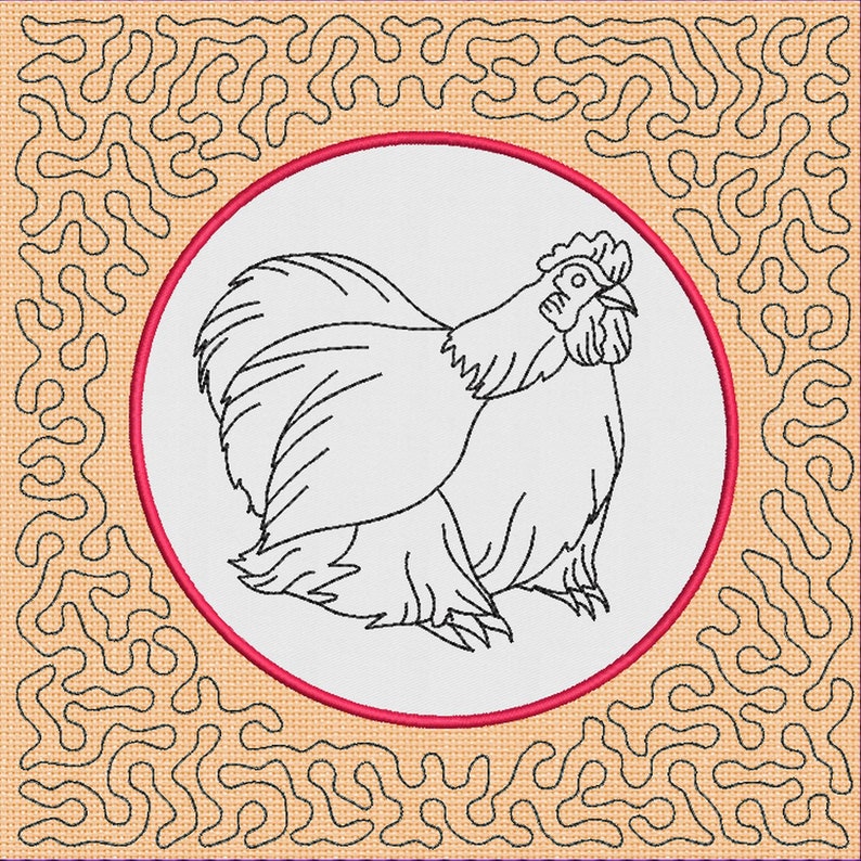 Chicken Redwork File 10 Chicken Line-art Redwork Applique Quilted Machine Embroidery Designs ...