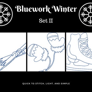 Puede incluir: Tres dibujos en blanco y negro de objetos con temática invernal: un par de esquís, una manopla y un patín de hielo. El texto "Bluework Winter Set II" está encima de los dibujos.