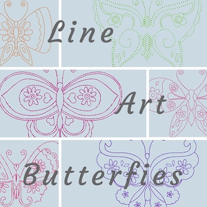 May include: Six different line art butterfly designs in various colours. The butterflies are outlined in black and filled with different colours, including orange, green, purple, and pink. The text "Line Art Butterflies" is written in black at the bottom of the image.