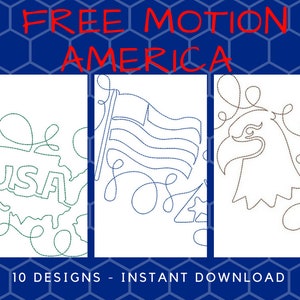 May include: Three digital embroidery designs featuring patriotic themes. The designs include a stylised outline of the United States with the word "USA" inside, a waving American flag, and an eagle's head with swirling lines.