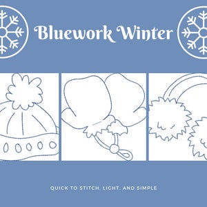 May include: A black and white line drawing illustration of a winter themed embroidery pattern. The illustration shows a hat, mittens, and earmuffs. The text "Bluework Winter" is at the top of the image. The text "Quick to Stitch, Light, and Simple" is at the bottom of the image.