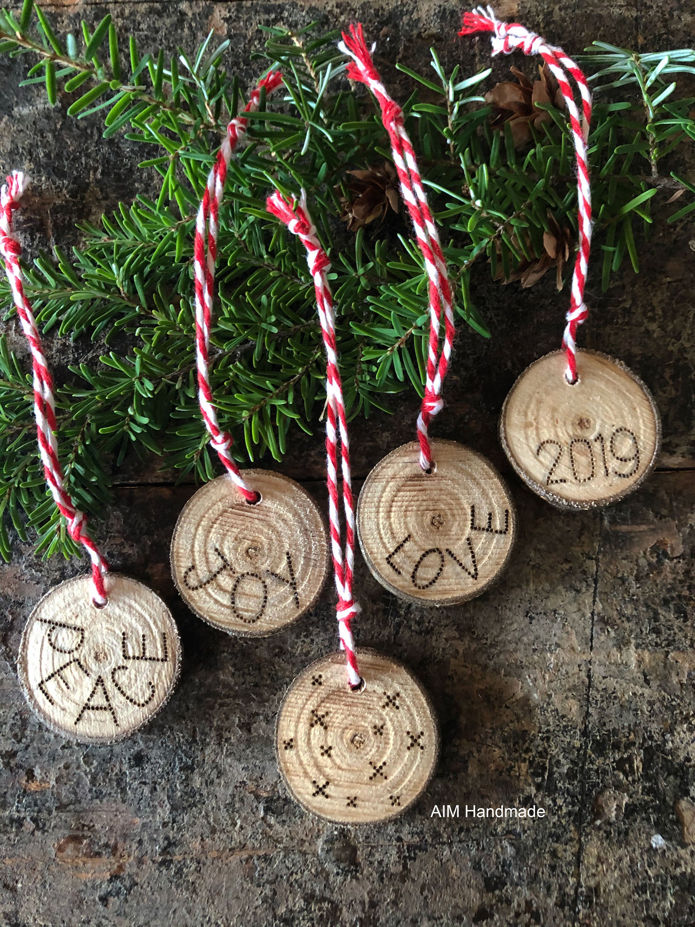 Set of 5 natural wood disc ornaments Wood burned nature Etsy