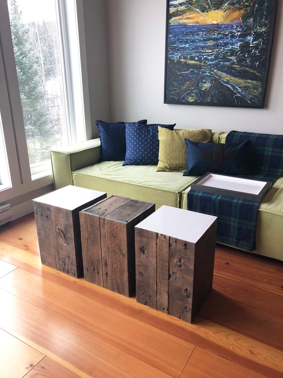 Barn wood coffee table / End tables, Log side table, Set of 3, Salvaged rustic side tables, Canadian made home decor by AIM Handmade.