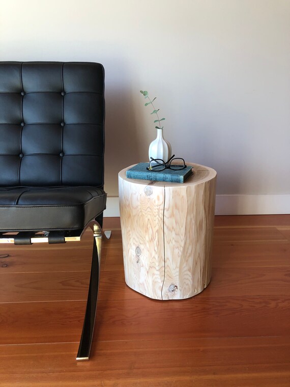 Natural top white washed stump end table, Log side table, Reclaimed wood, Rustic log furniture, Grown in BC, Canada.