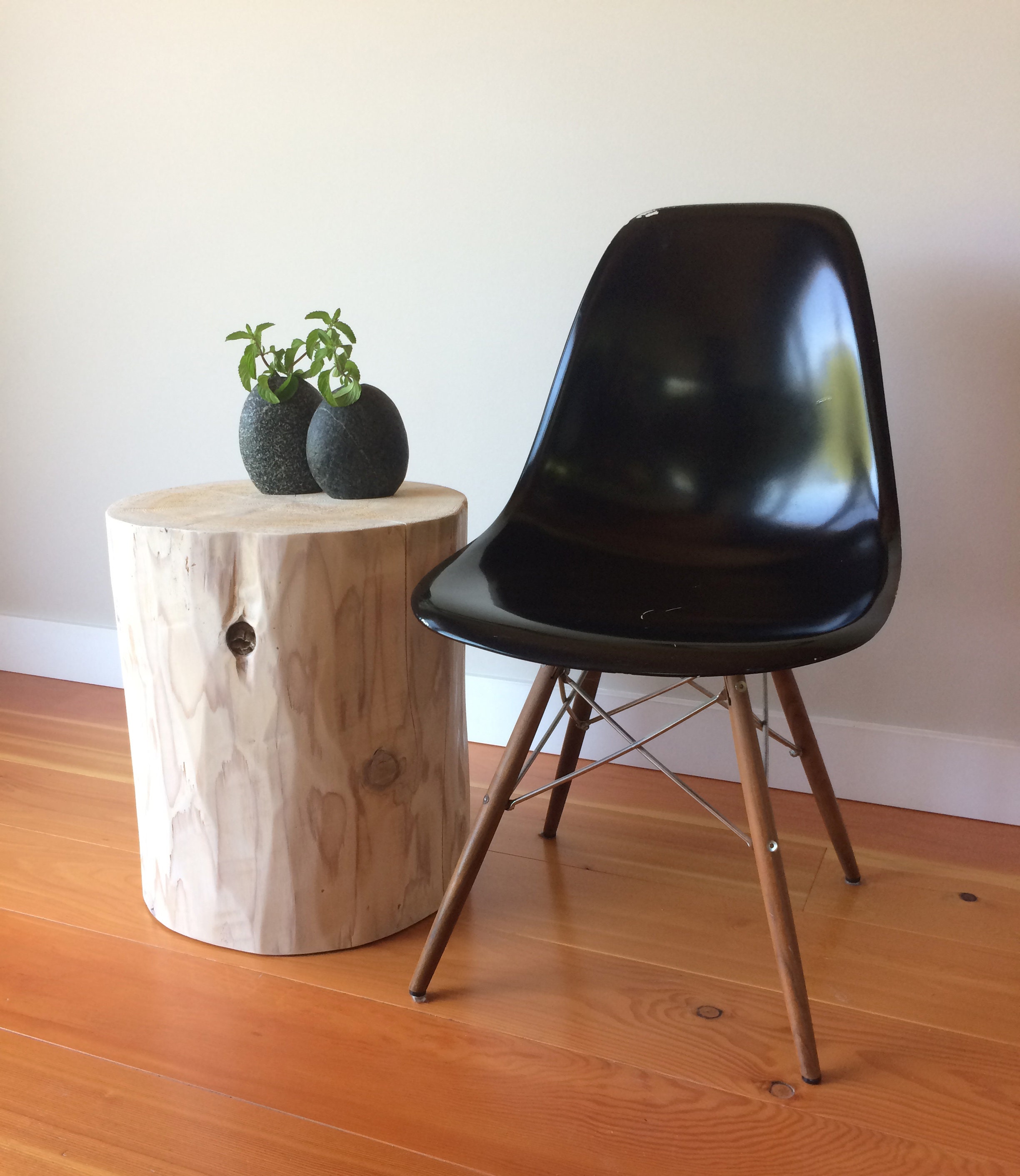 Reclaimed stump tables log stools in whitewashed natural or flat
