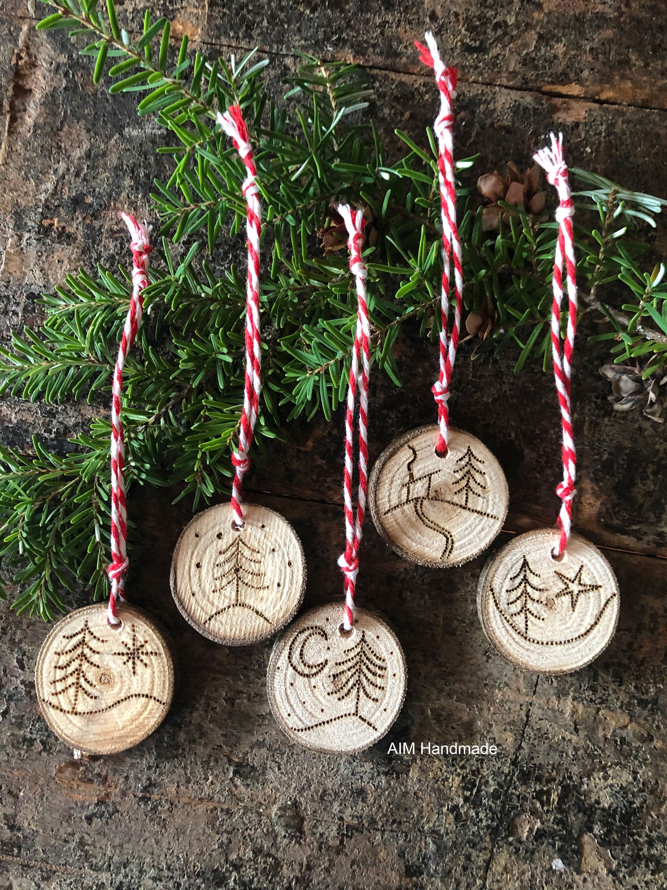 Set of 5 natural wood disc ornaments Wood burned nature Etsy