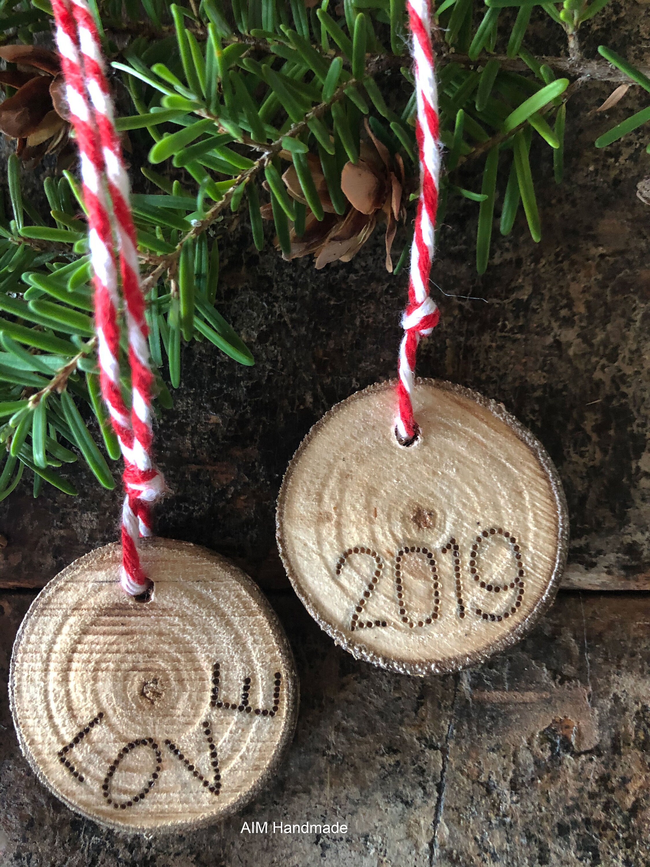 Set of 5 natural wood disc ornaments Wood burned nature Etsy