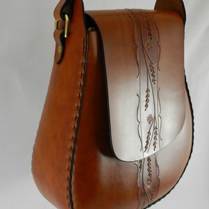 Handmade Latigo Leather Shoulder Bag Hand-dyed, hand tooled, hand-stitched Solid Brass hardware with magnetic clasp image 1