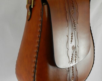 Handmade Latigo Leather Shoulder Bag - Hand-dyed, hand tooled, hand-stitched - Solid Brass hardware with magnetic clasp