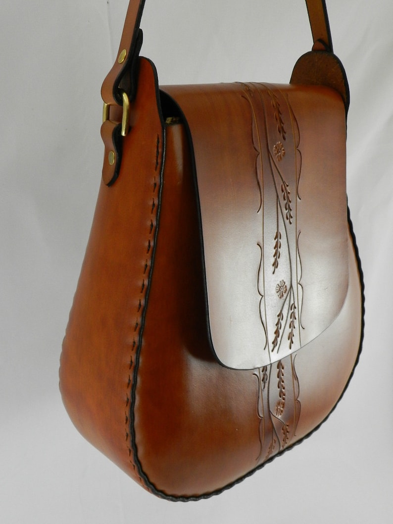 Handmade Latigo Leather Shoulder Bag Hand-dyed, hand tooled, hand-stitched Solid Brass hardware with magnetic clasp image 1
