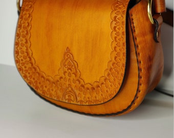 Retro Design Latigo Leather Shoulder Bag - Hand Tooled, Hand-dyed and hand-stitched - Brass hardware