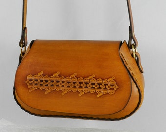 Tooled Latigo Leather Crossbody / Shoulder Bag - Hand-dyed, hand-stitched