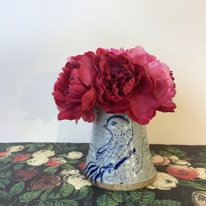 Hand-painted Blue Bird Speckled Gray + Cobalt Blue Stoneware Utensil Caddy Container + Vase Vintage 1980s Cottage Decor