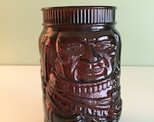 Cigar Store Indian Chief Molded Brown Glass Jar (Missing Lid) Vintage 1960s Humidor or Cookie Jar