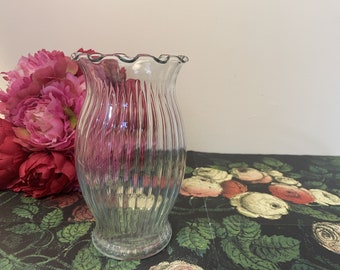 Clear Optic Swirl Flower Vase with Ruffle Edge Indiana Glass Vintage 1950s Flower Arrangements Supplies