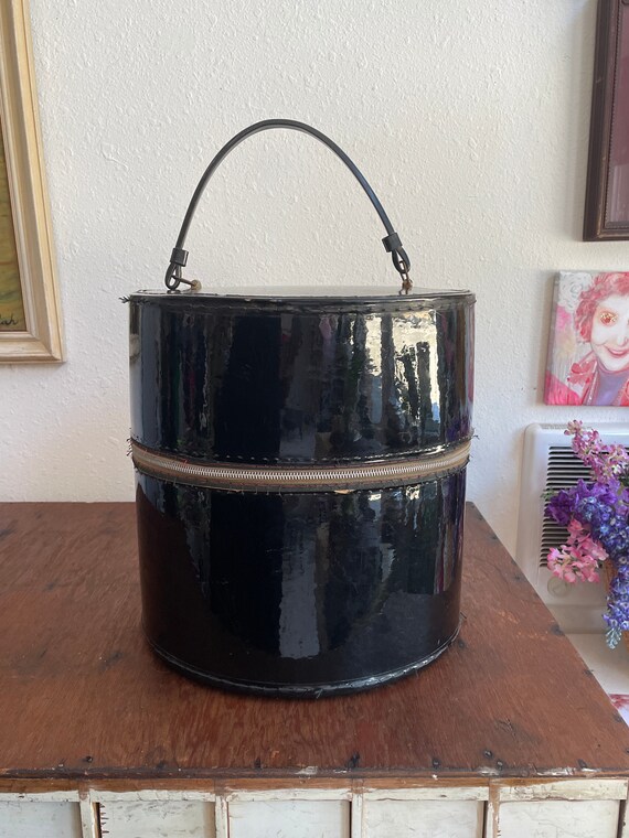 Large Black Patent Leather Round Hat Box with Handle … Gem