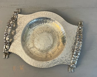 Cottagecore Hammered Aluminum Relish Dish Tray with Flower Ribbon Handles Hand Made by Rodney Kent Vintage 1950s tableware Display