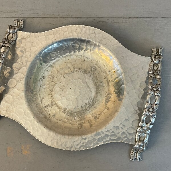 Cottagecore Hammered Aluminum Relish Dish Tray with Flower Ribbon Handles Hand Made by Rodney Kent Vintage 1950s tableware Display