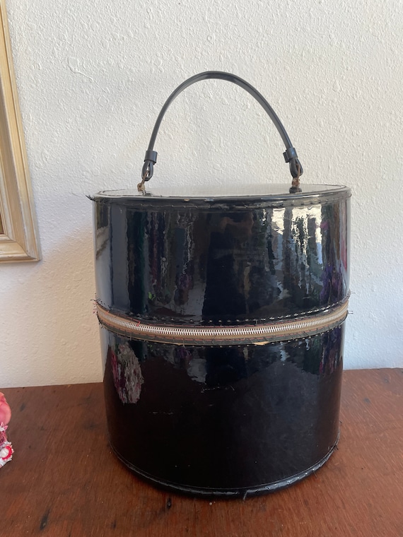 Large Black Patent Leather Round Hat Box with Handle … Gem