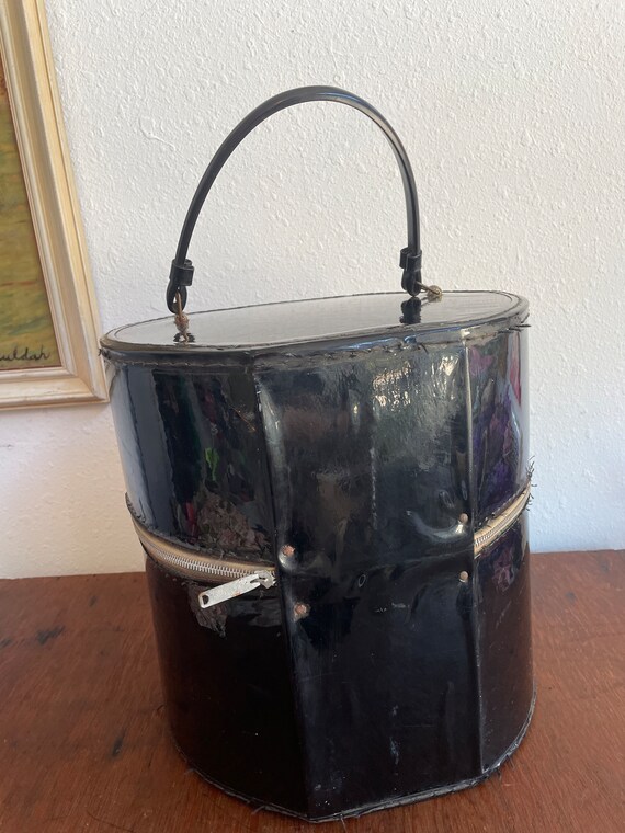Large Black Patent Leather Round Hat Box with Handle … Gem