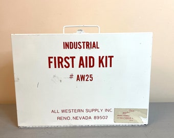 Vintage FIRST AID KIT White + Red Metal Box All Western Supply Reno Nevada Dated 1970