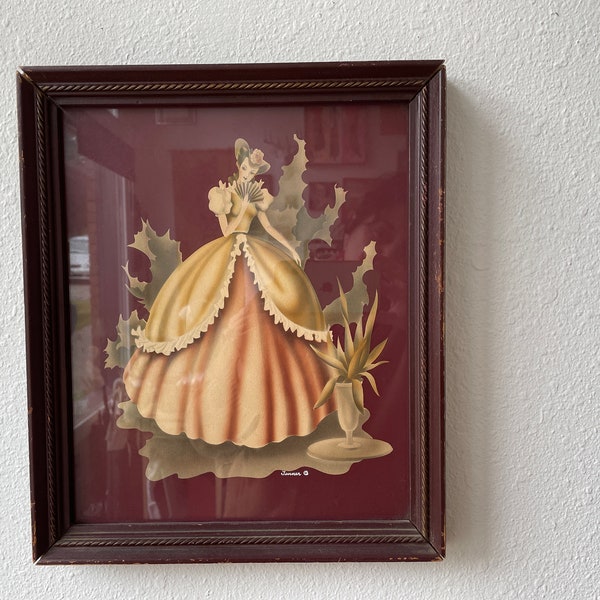 Vintage Turner Girl with Crinoline Dress Victorian Style Burgundy Framed Art Vintage 1940s Decorative Wall Art 12 X 10