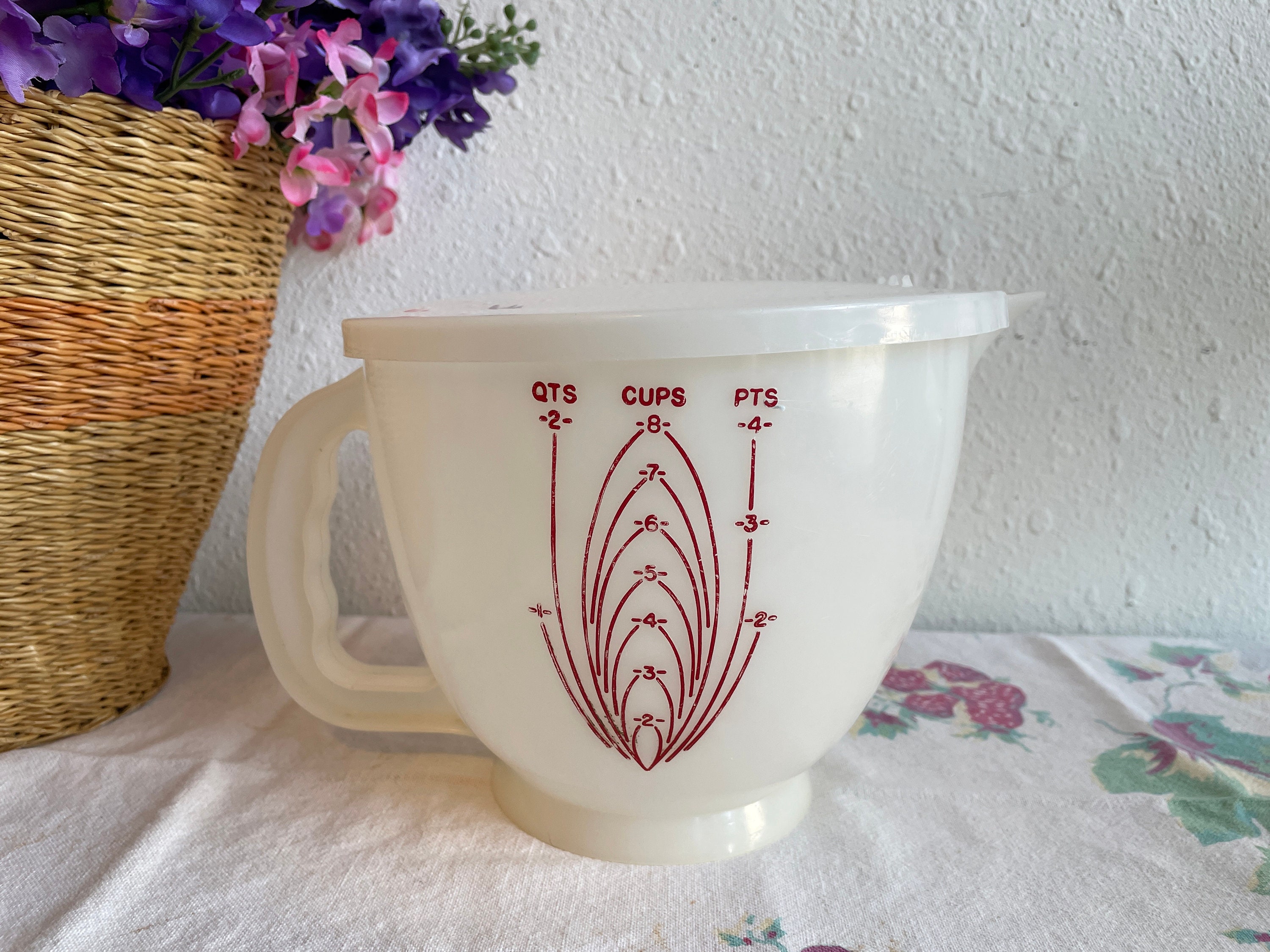 Vintage Tupperware Small Pitcher Red Push Button Top Frosted White Base  1681-3, Kitchen Must Have, Home Decor 