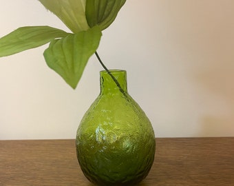 Textured Moss Green Glass Bud Vase Retro 1970s Style Home Decor