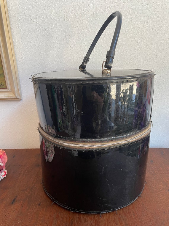 Large Black Patent Leather Round Hat Box with Handle … Gem