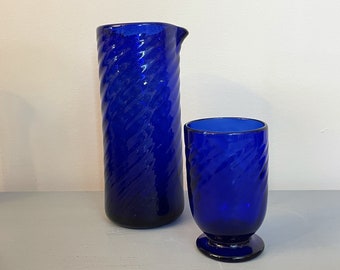 Avolos Cobalt Blue Glass Pitcher + Drinking Glass with Optic Swirl Vintage 1960s Made in Mexico