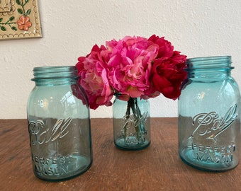 Ball Blue Glass Mason Jars Narrow Mouth Lot of 3 Vintage  1930s Farmhouse Decor Canning Supplies