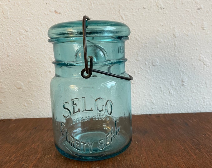 Aqua Blue Glass Canning Jar With Wire Lid Selco Surety Seal Vintage