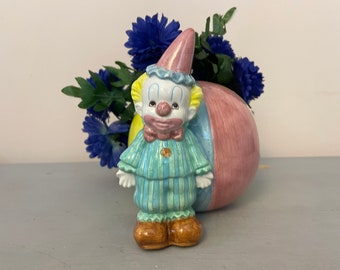 Pastel Kid Clown Ceramic Planter Vintage 1980s Kitchy Garden Pots